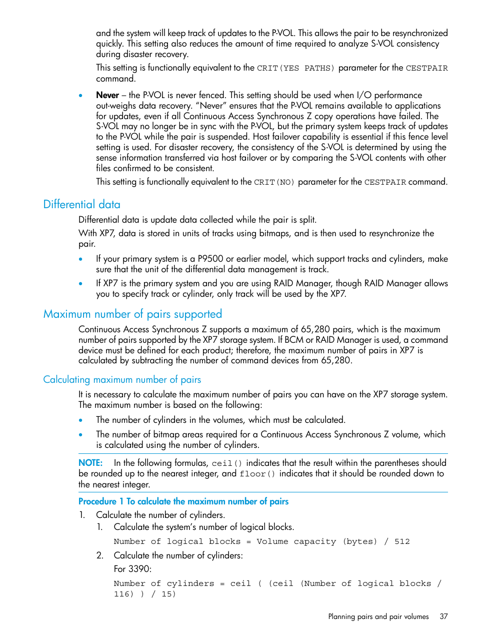Differential data, Maximum number of pairs supported, Calculating maximum number of pairs | HP XP7 Storage User Manual | Page 37 / 195
