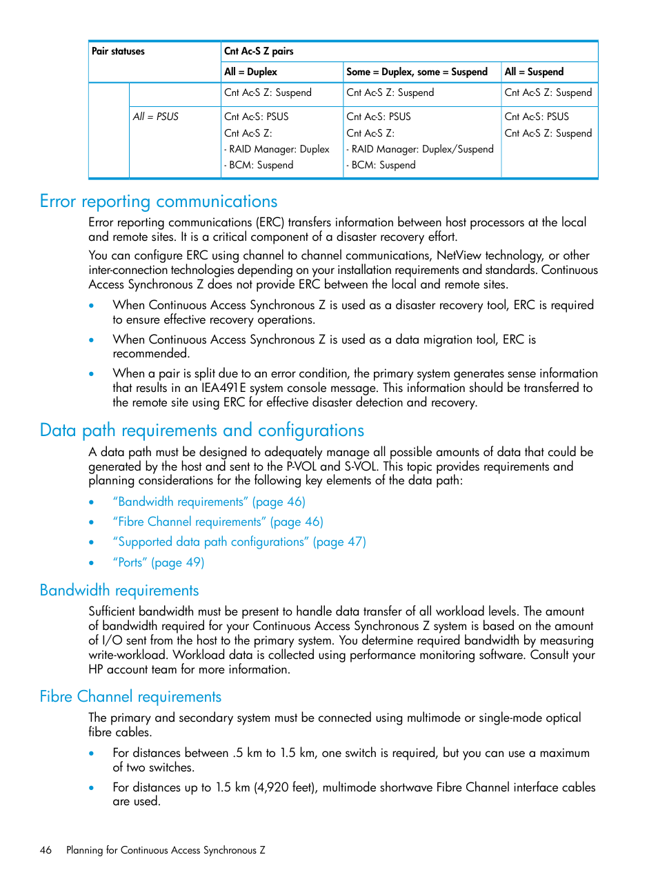 Error reporting communications, Data path requirements and configurations, Bandwidth requirements | Fibre channel requirements, Bandwidth requirements fibre channel requirements, Data path requirements | HP XP7 Storage User Manual | Page 46 / 195