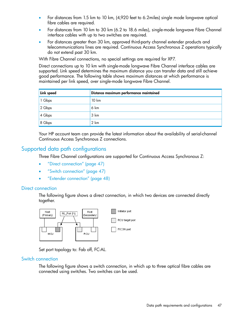 Supported data path configurations, Direct connection, Switch connection | Direct connection switch connection | HP XP7 Storage User Manual | Page 47 / 195