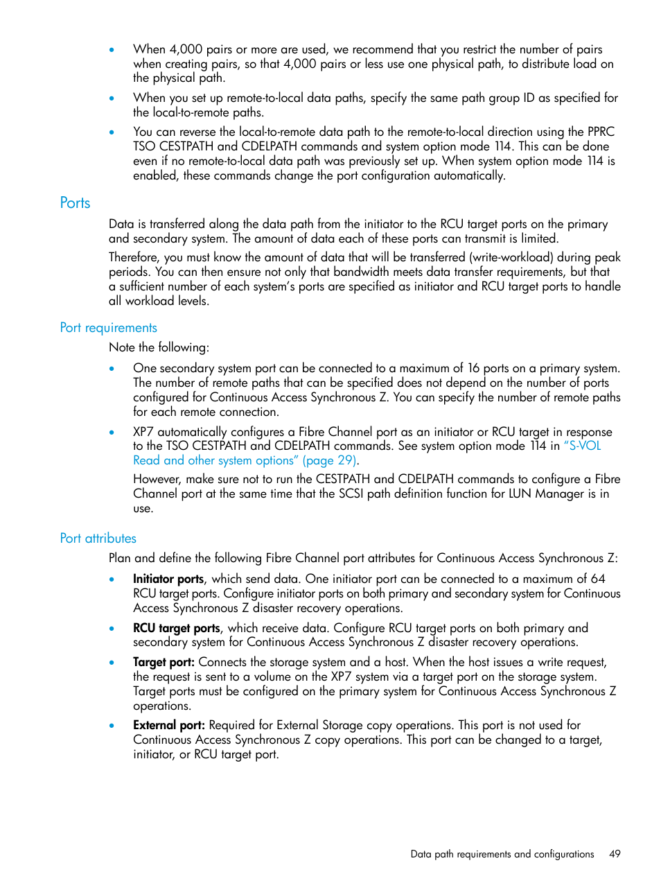 Ports, Port requirements, Port attributes | Port requirements port attributes | HP XP7 Storage User Manual | Page 49 / 195