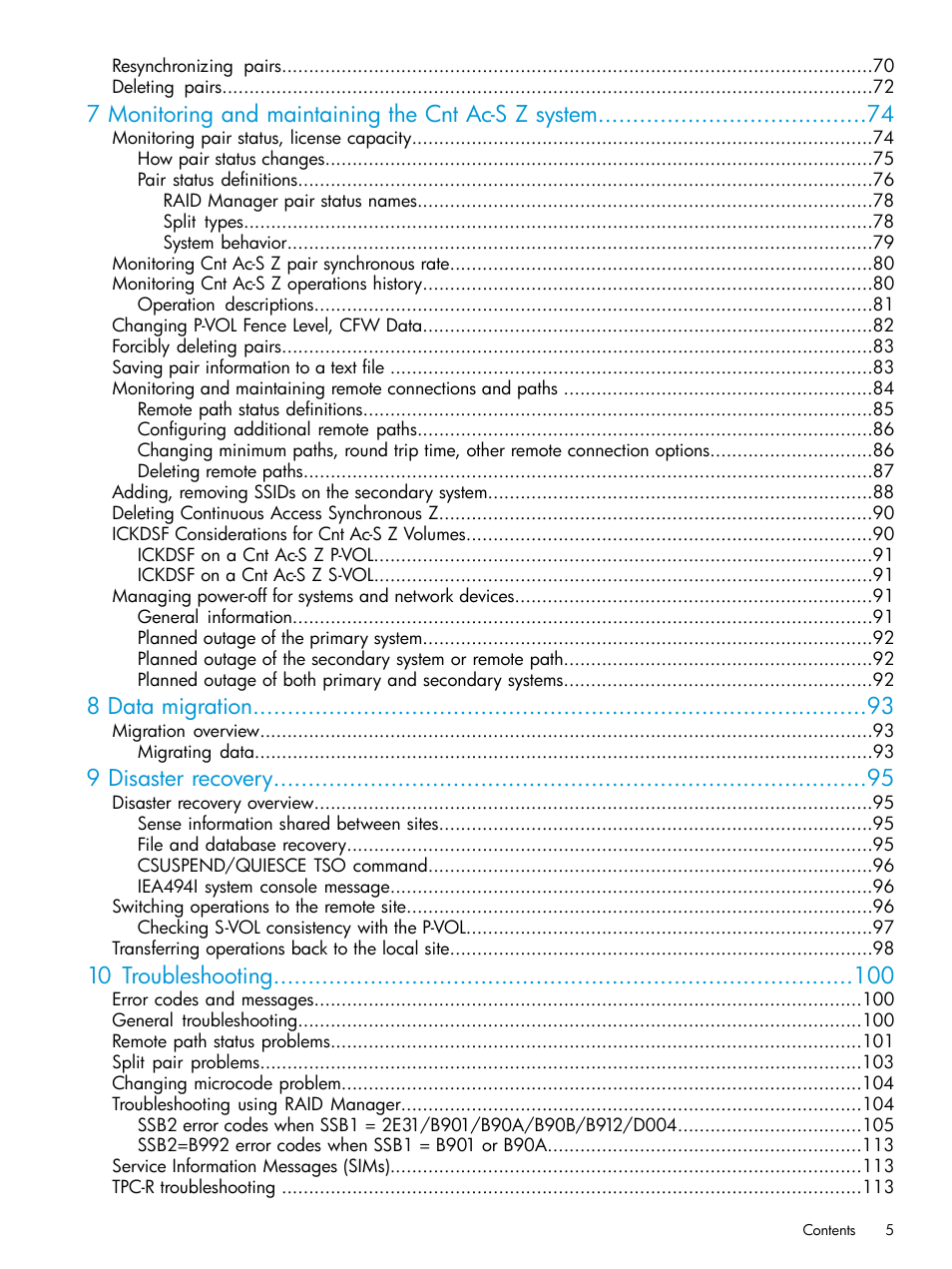 7 monitoring and maintaining the cnt ac-s z system, 8 data migration, 9 disaster recovery | 10 troubleshooting | HP XP7 Storage User Manual | Page 5 / 195