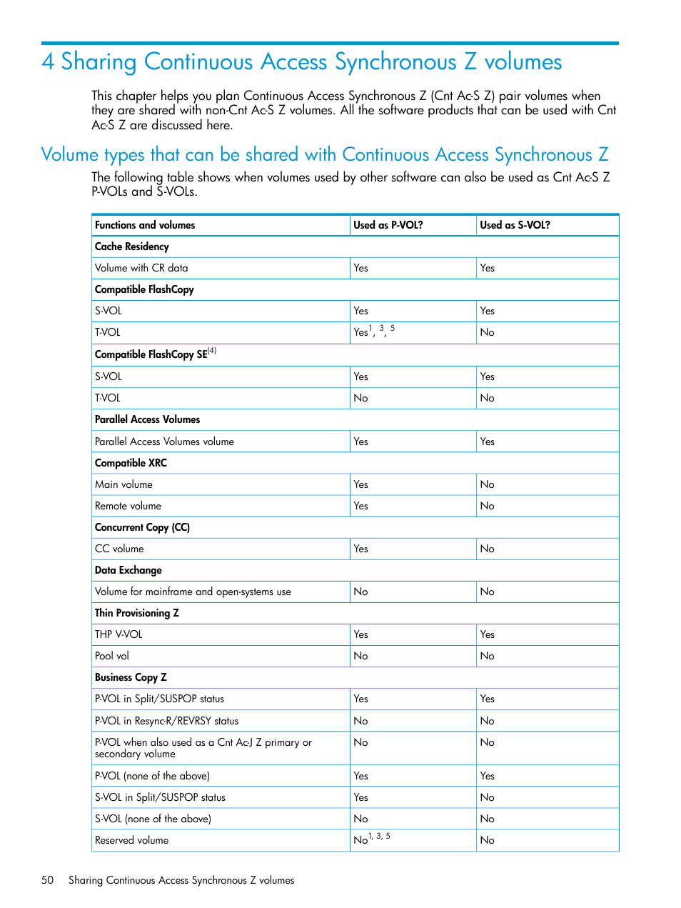 4 sharing continuous access synchronous z volumes, Volume | HP XP7 Storage User Manual | Page 50 / 195