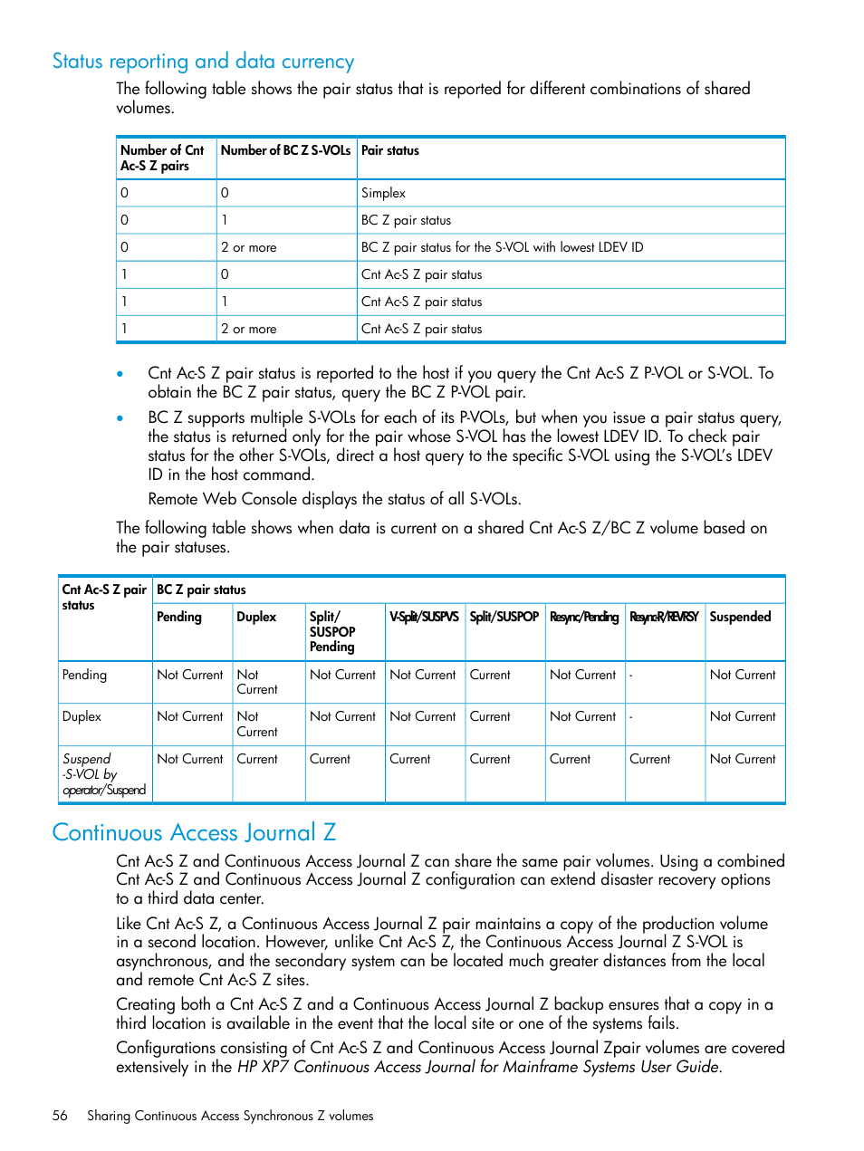 Status reporting and data currency, Continuous access journal z | HP XP7 Storage User Manual | Page 56 / 195