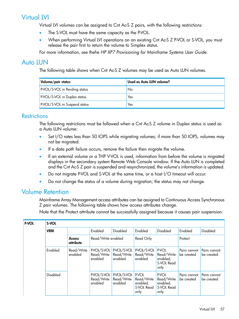 Virtual lvi, Auto lun, Restrictions | Volume retention, Virtual lvi auto lun | HP XP7 Storage User Manual | Page 57 / 195