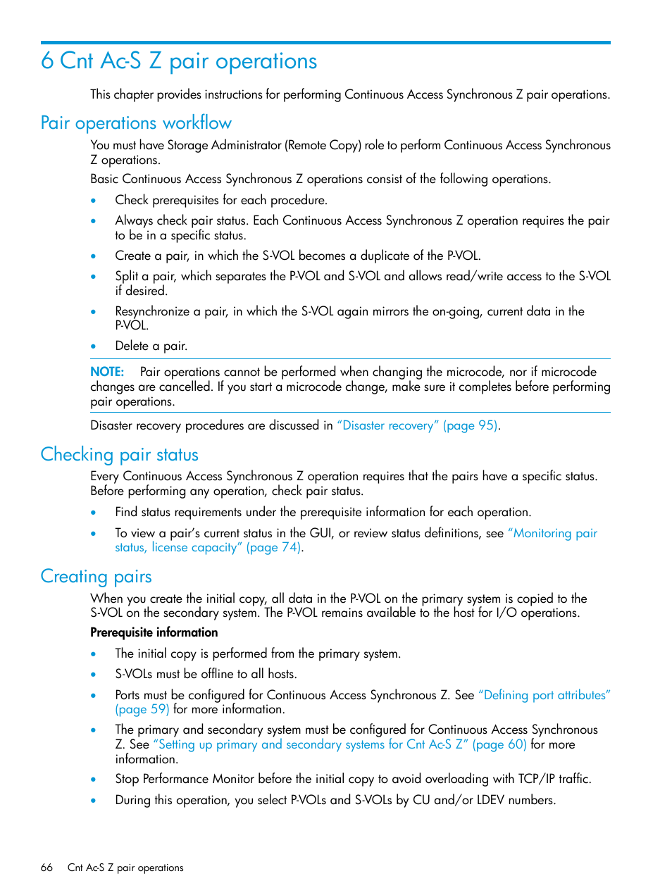 6 cnt ac-s z pair operations, Pair operations workflow, Checking pair status | Creating pairs, Creating | HP XP7 Storage User Manual | Page 66 / 195