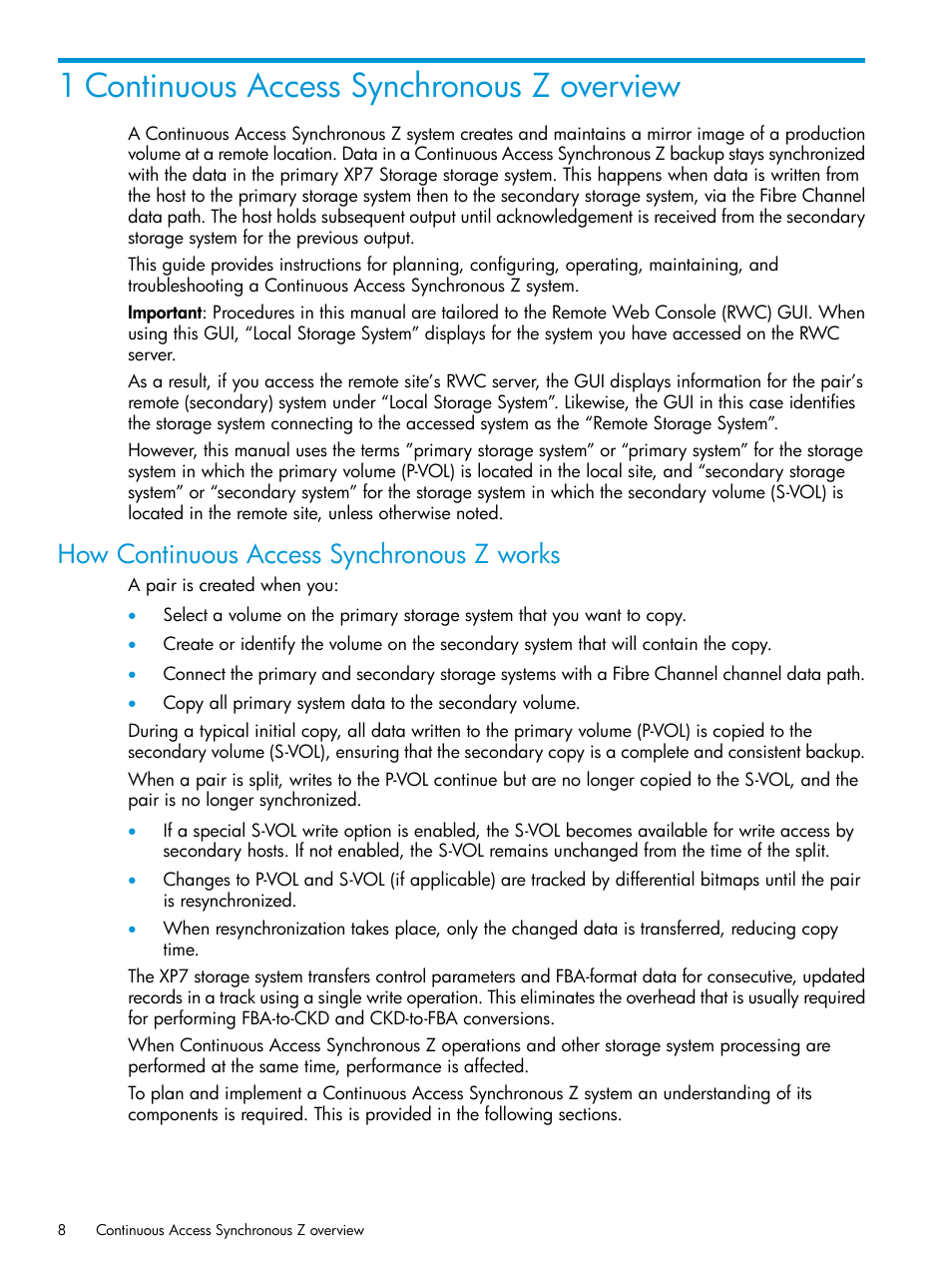 1 continuous access synchronous z overview, How continuous access synchronous z works | HP XP7 Storage User Manual | Page 8 / 195