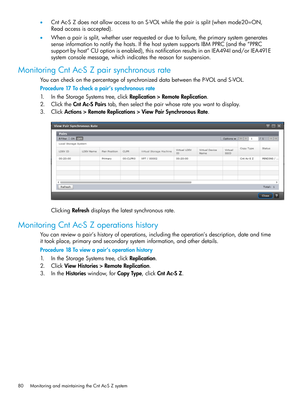 Monitoring cnt ac-s z pair synchronous rate, Monitoring cnt ac-s z operations history | HP XP7 Storage User Manual | Page 80 / 195