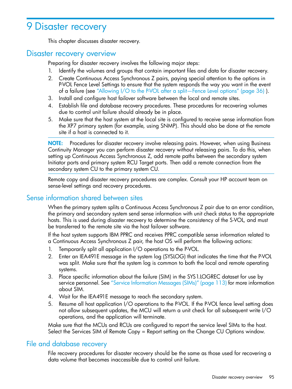 9 disaster recovery, Disaster recovery overview, Sense information shared between sites | File and database recovery | HP XP7 Storage User Manual | Page 95 / 195