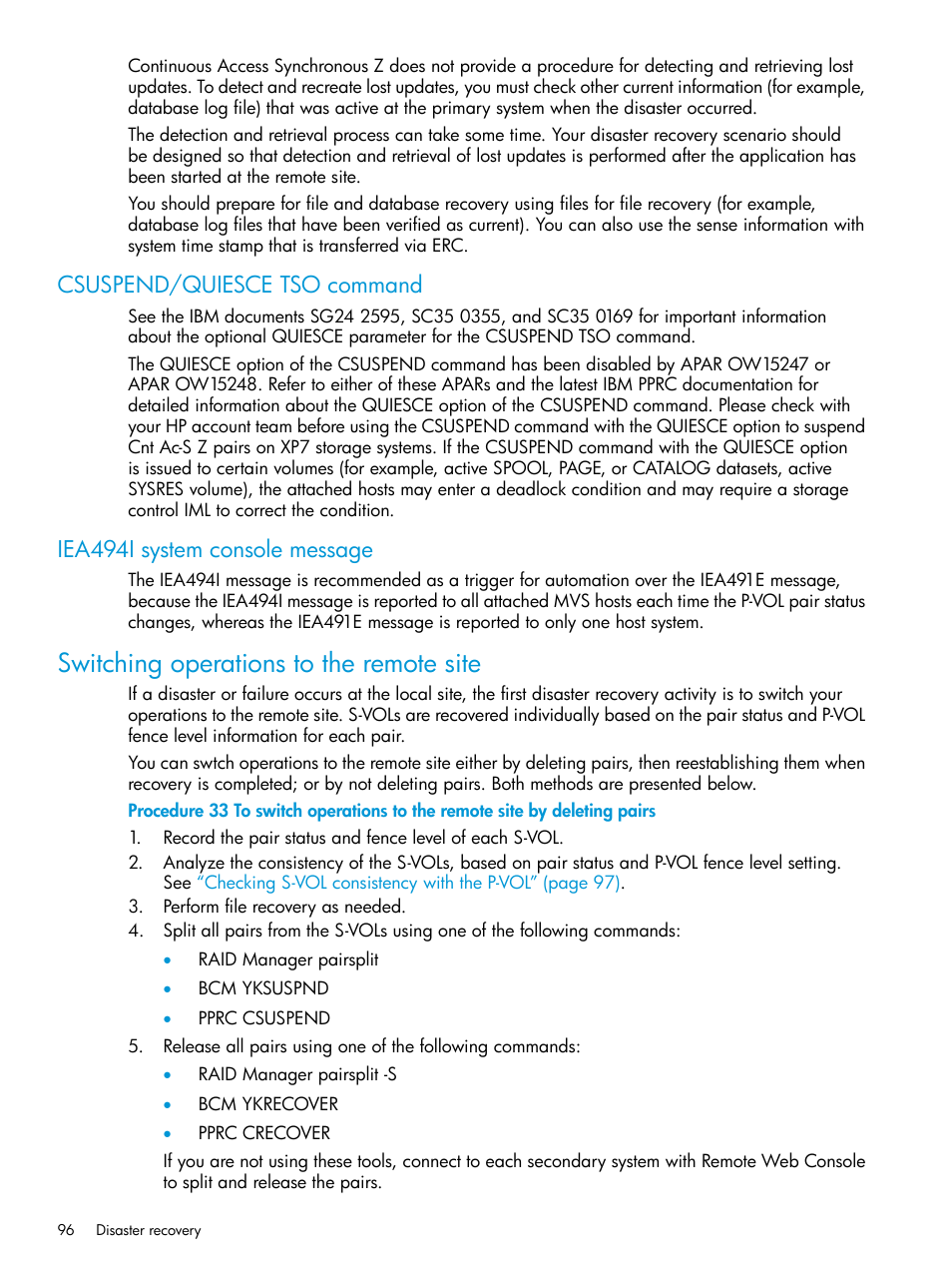 Csuspend/quiesce tso command, Iea494i system console message, Switching operations to the remote site | HP XP7 Storage User Manual | Page 96 / 195