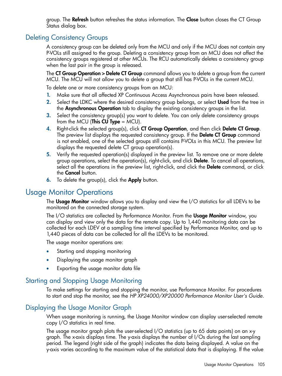 Deleting consistency groups, Usage monitor operations, Starting and stopping usage monitoring | Displaying the usage monitor graph | HP StorageWorks XP Remote Web Console Software User Manual | Page 105 / 176
