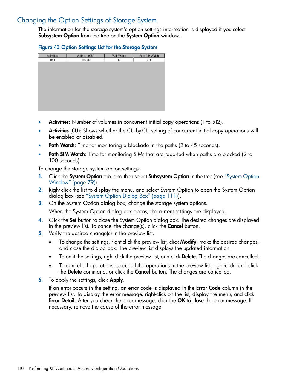 Changing the option settings of storage system | HP StorageWorks XP Remote Web Console Software User Manual | Page 110 / 176