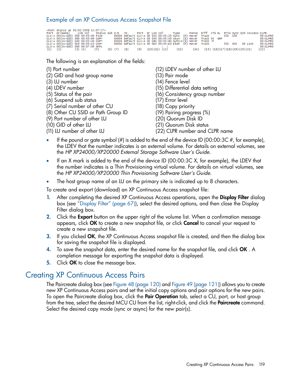 Creating xp continuous access pairs, Example of an xp, Continuous access snapshot file | HP StorageWorks XP Remote Web Console Software User Manual | Page 119 / 176