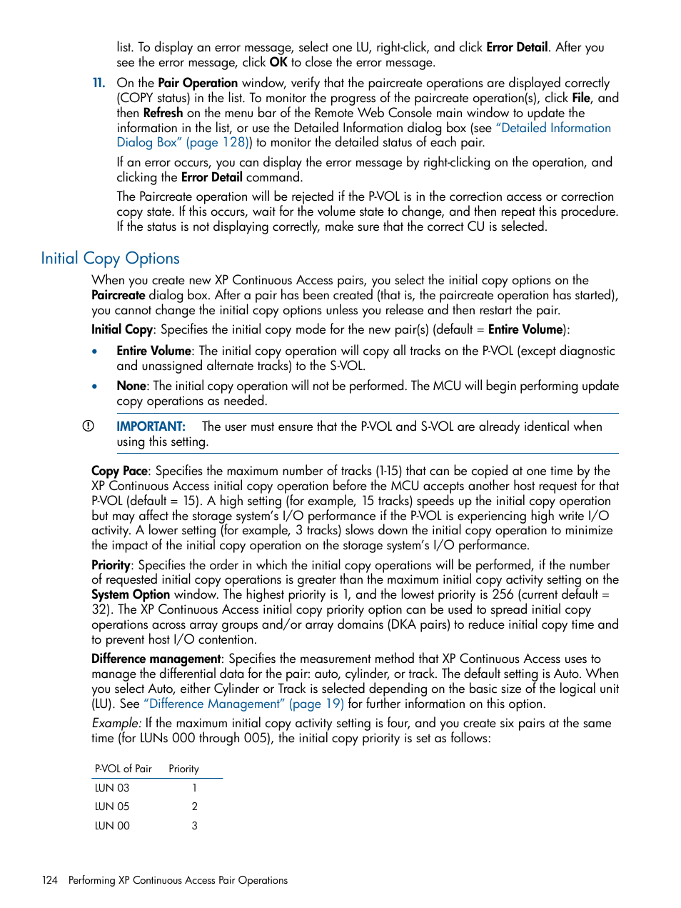 Initial copy options | HP StorageWorks XP Remote Web Console Software User Manual | Page 124 / 176