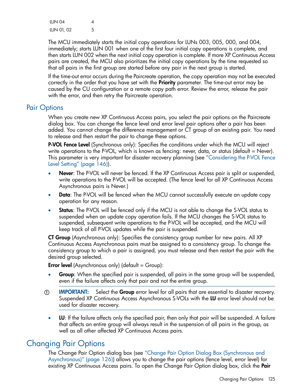 Pair options, Changing pair options | HP StorageWorks XP Remote Web Console Software User Manual | Page 125 / 176