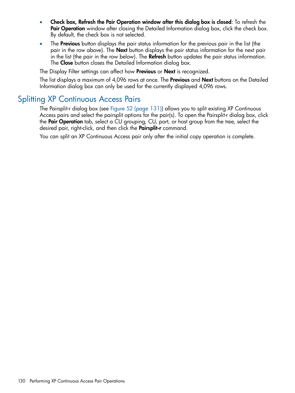 Splitting xp continuous access pairs | HP StorageWorks XP Remote Web Console Software User Manual | Page 130 / 176