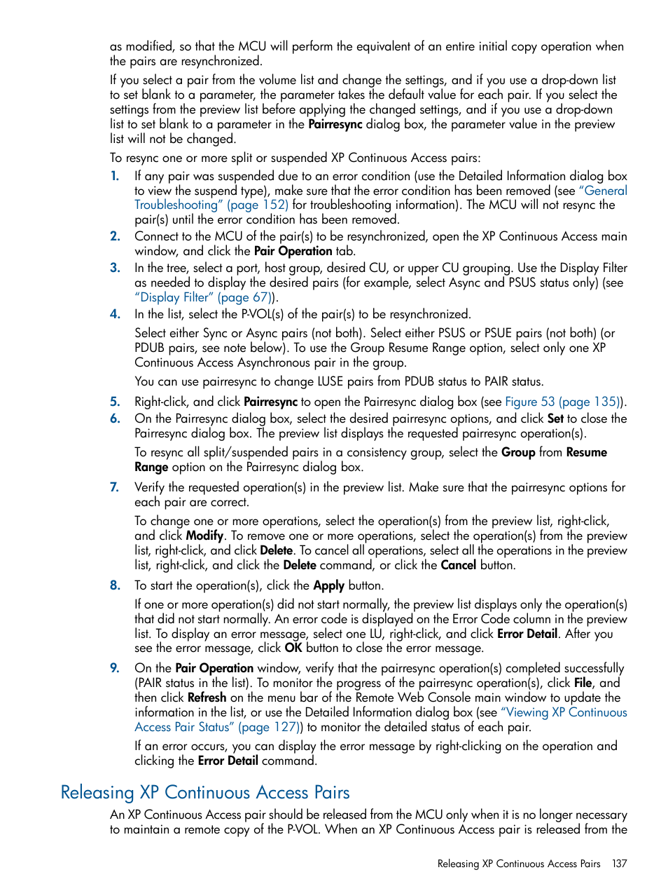 Releasing xp continuous access pairs, Releasing xp | HP StorageWorks XP Remote Web Console Software User Manual | Page 137 / 176