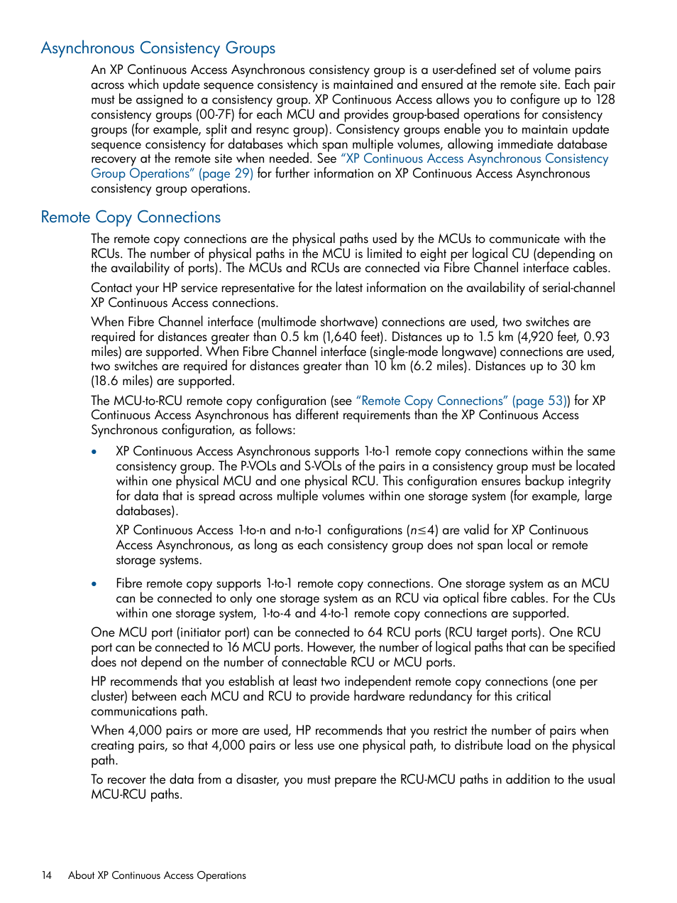 Asynchronous consistency groups, Remote copy connections | HP StorageWorks XP Remote Web Console Software User Manual | Page 14 / 176