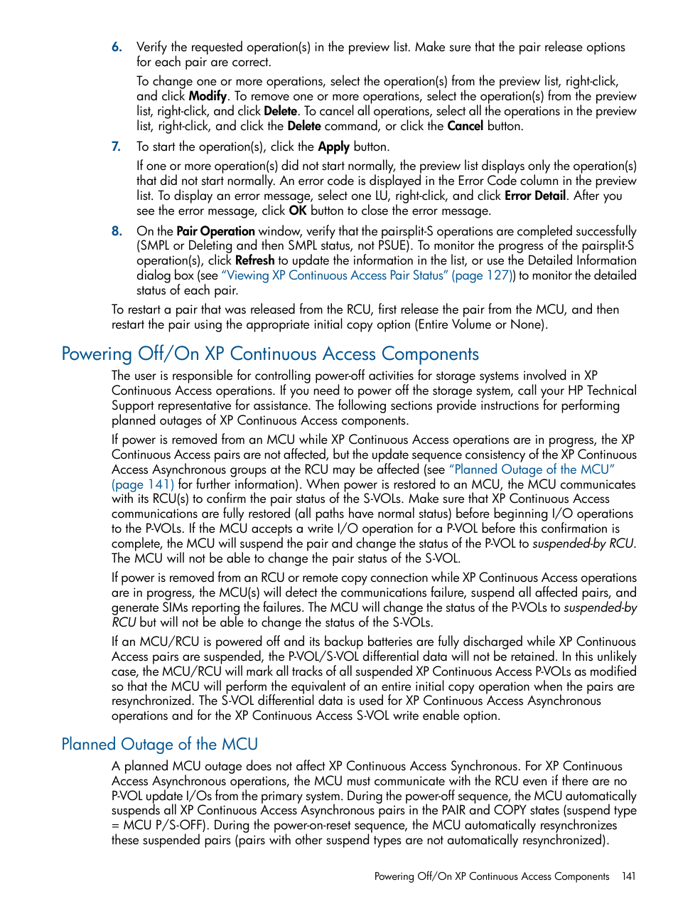 Powering off/on xp continuous access components, Planned outage of the mcu | HP StorageWorks XP Remote Web Console Software User Manual | Page 141 / 176