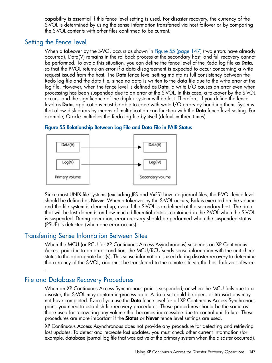 Setting the fence level, Transferring sense information between sites, File and database recovery procedures | HP StorageWorks XP Remote Web Console Software User Manual | Page 147 / 176