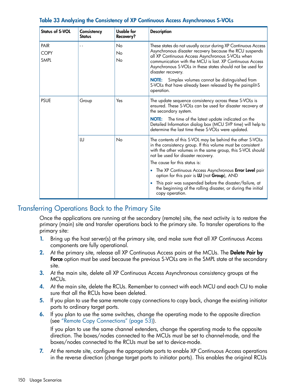 Transferring operations back to the primary site | HP StorageWorks XP Remote Web Console Software User Manual | Page 150 / 176