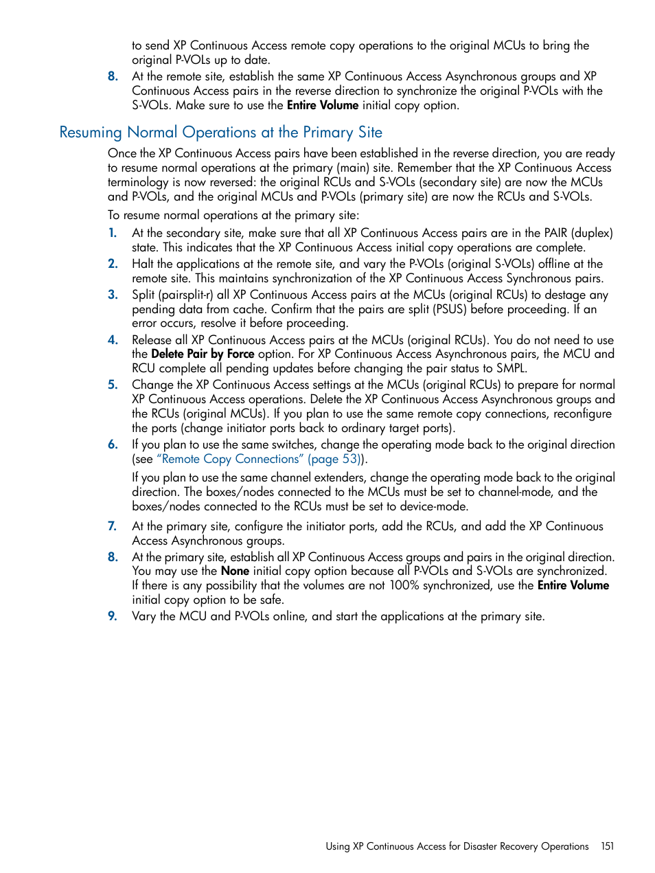 Resuming normal operations at the primary site | HP StorageWorks XP Remote Web Console Software User Manual | Page 151 / 176