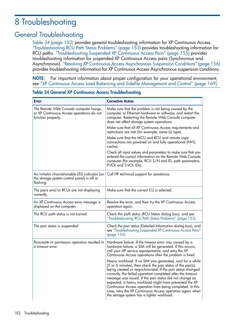 8 troubleshooting, General troubleshooting, General | HP StorageWorks XP Remote Web Console Software User Manual | Page 152 / 176