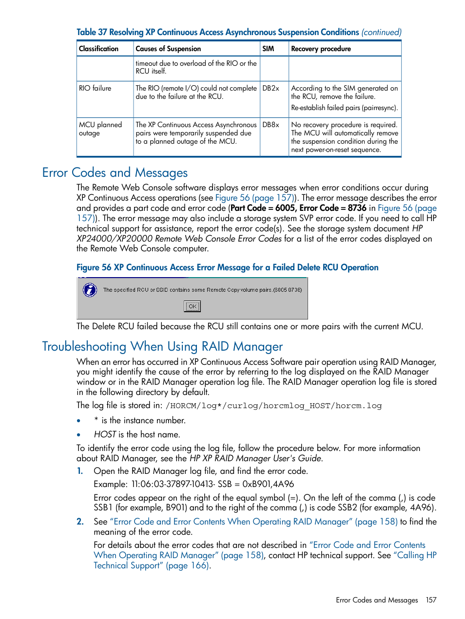 Error codes and messages, Troubleshooting when using raid manager | HP StorageWorks XP Remote Web Console Software User Manual | Page 157 / 176