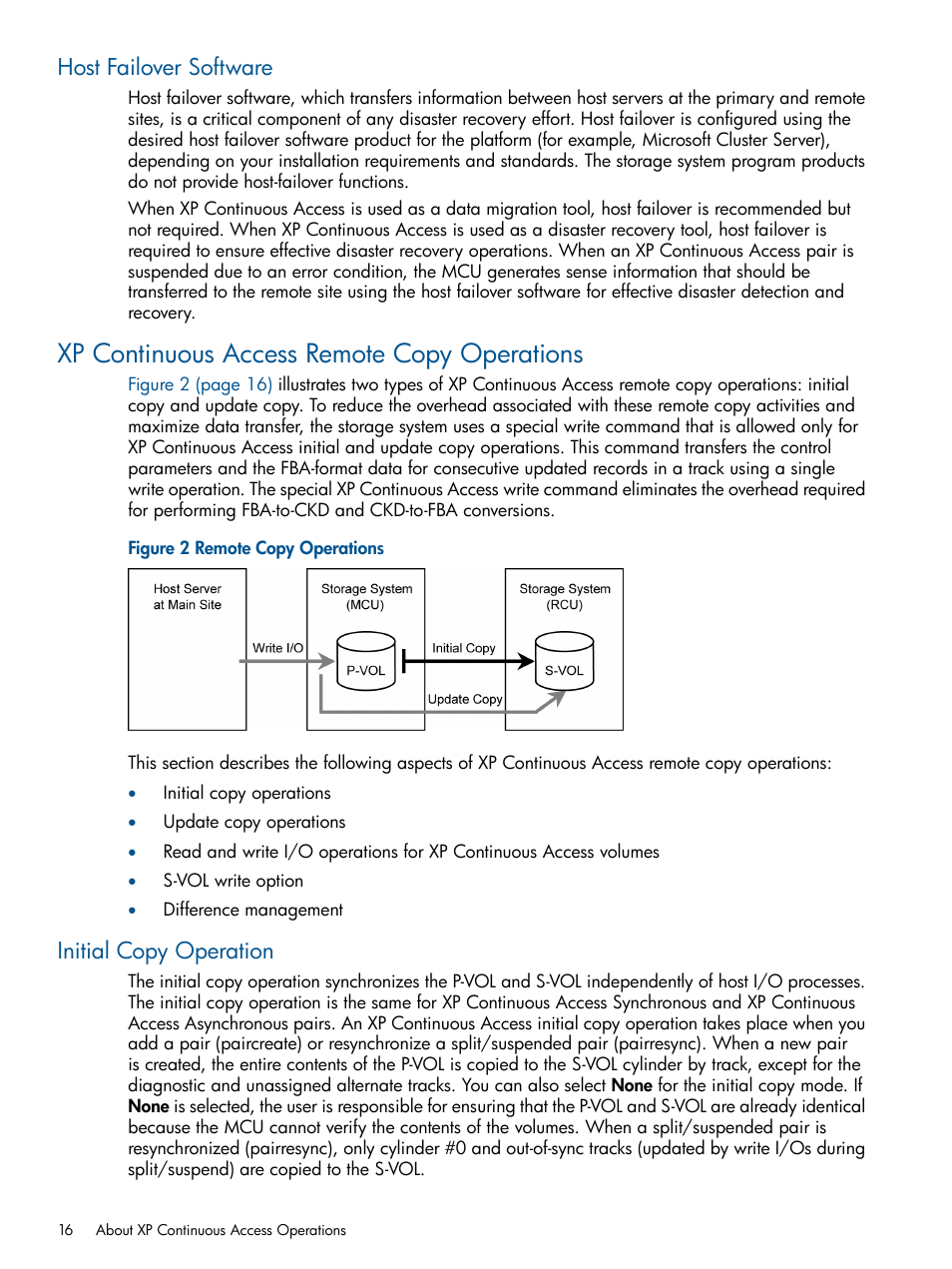 Host failover software, Xp continuous access remote copy operations, Initial copy operation | HP StorageWorks XP Remote Web Console Software User Manual | Page 16 / 176