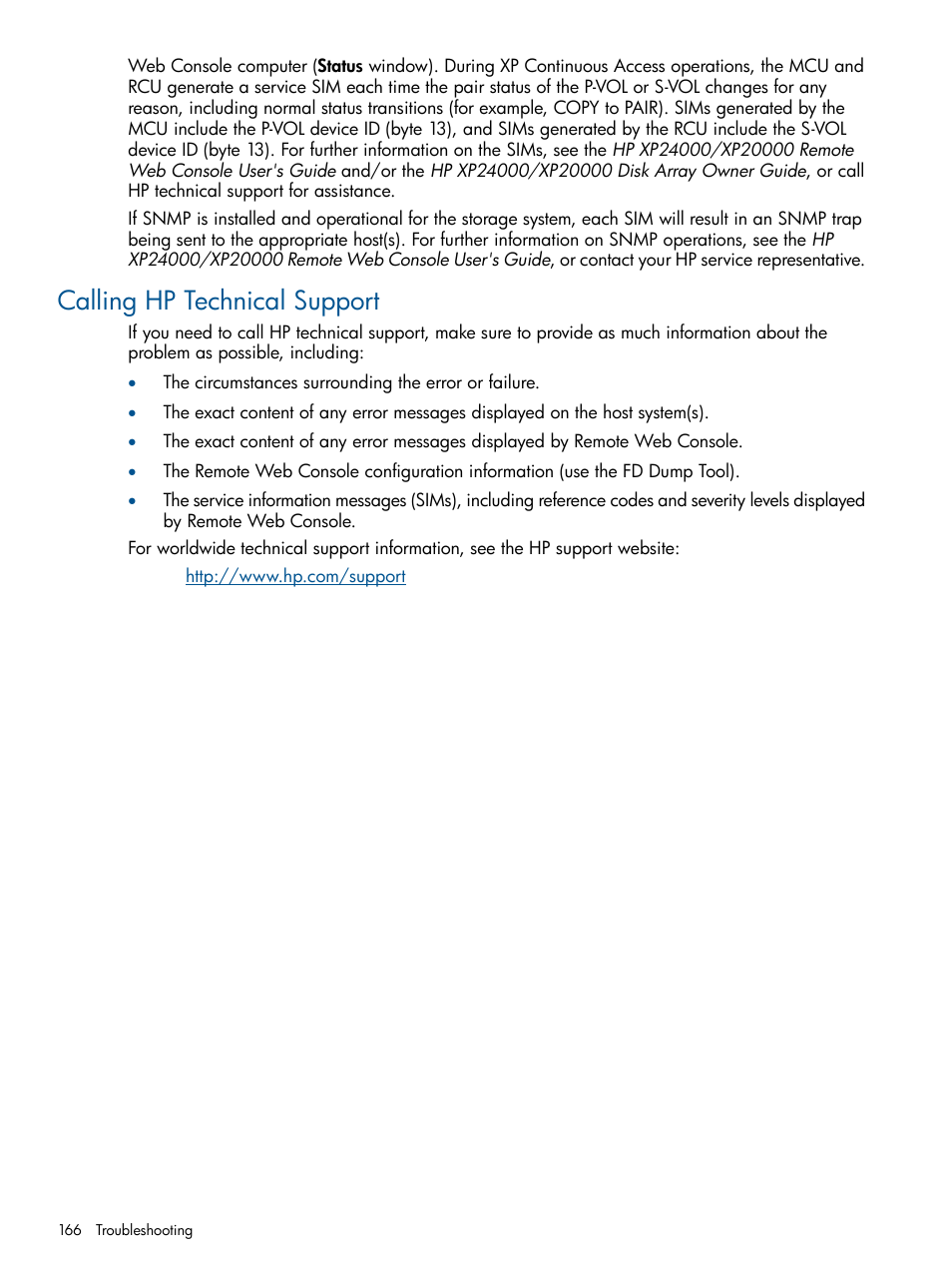 Calling hp technical support, Calling hp | HP StorageWorks XP Remote Web Console Software User Manual | Page 166 / 176