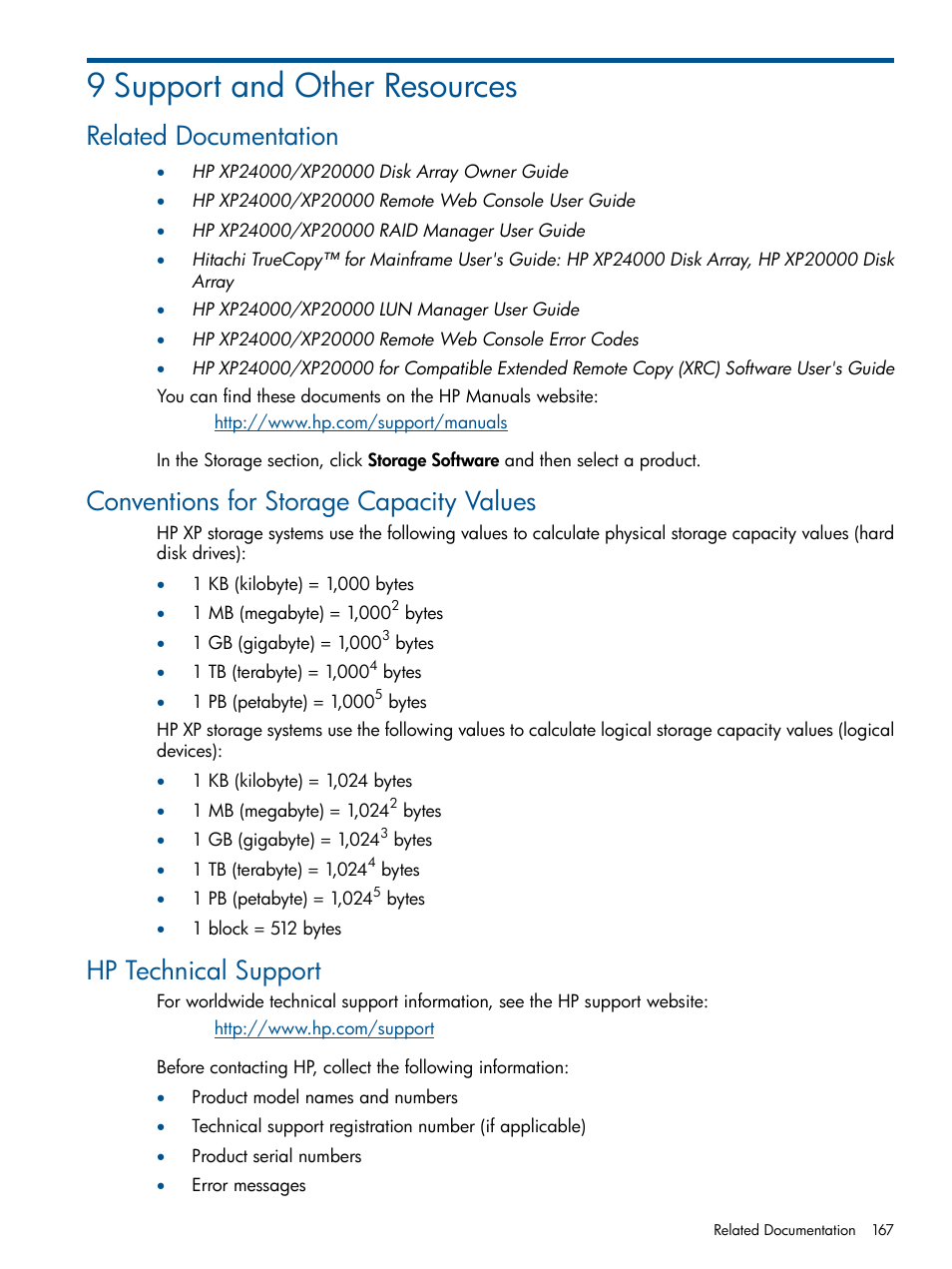 9 support and other resources, Related documentation, Conventions for storage capacity values | Hp technical support | HP StorageWorks XP Remote Web Console Software User Manual | Page 167 / 176
