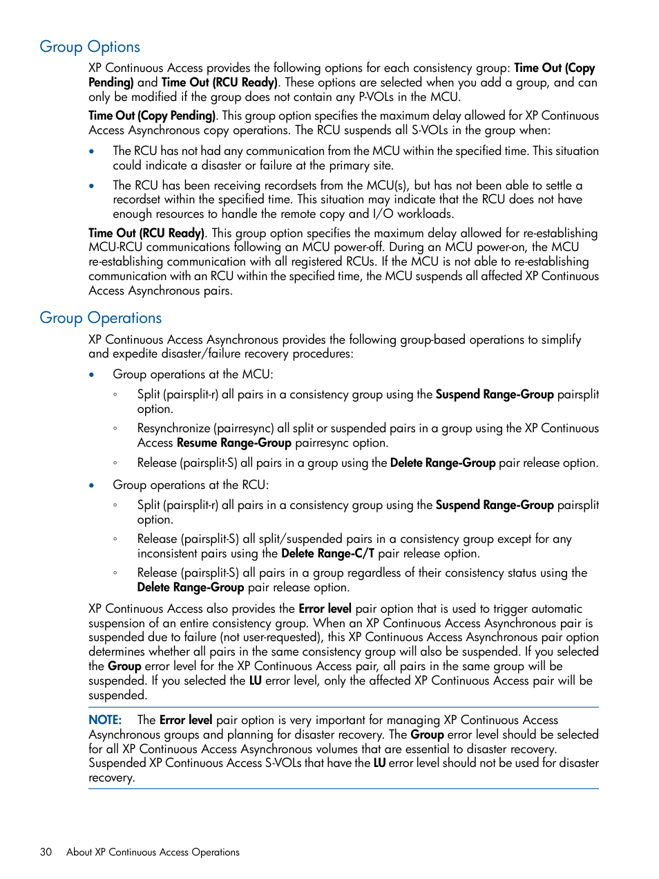 Group options, Group operations, Group options group operations | HP StorageWorks XP Remote Web Console Software User Manual | Page 30 / 176