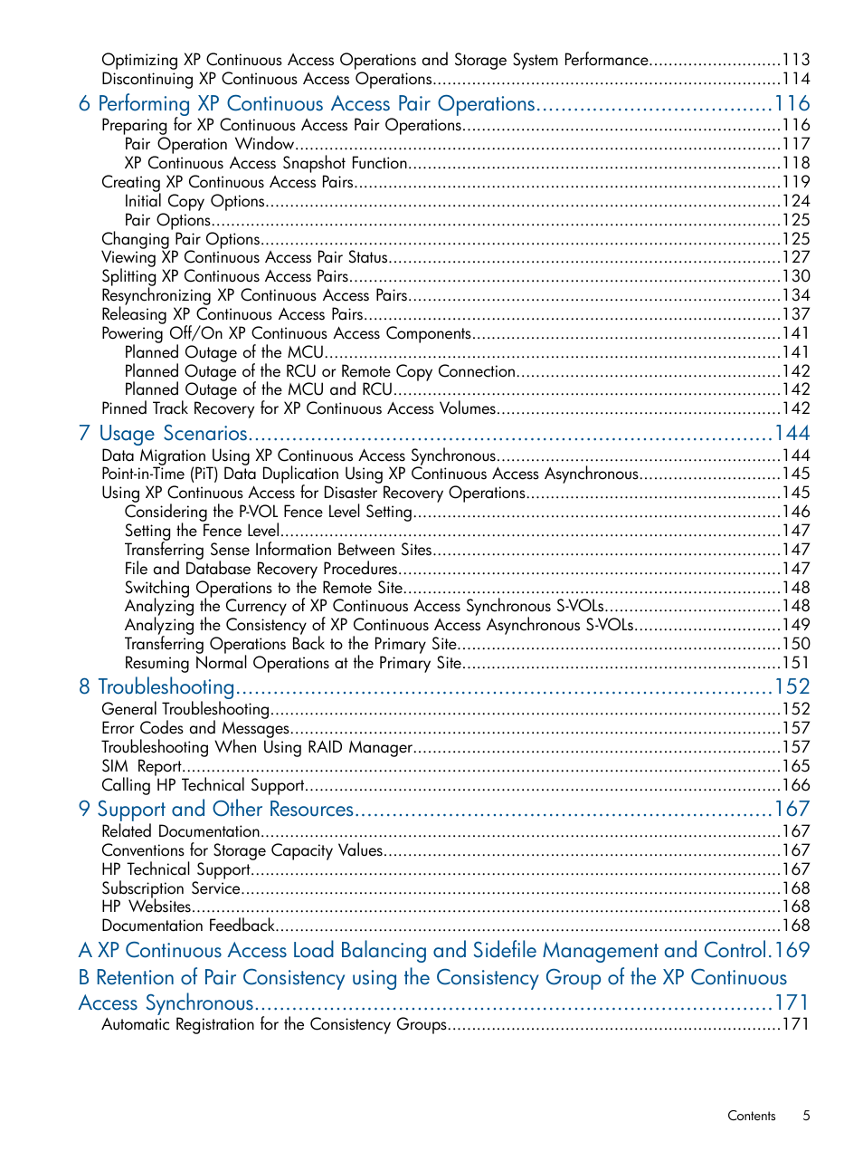 6 performing xp continuous access pair operations, 7 usage scenarios, 8 troubleshooting | 9 support and other resources | HP StorageWorks XP Remote Web Console Software User Manual | Page 5 / 176