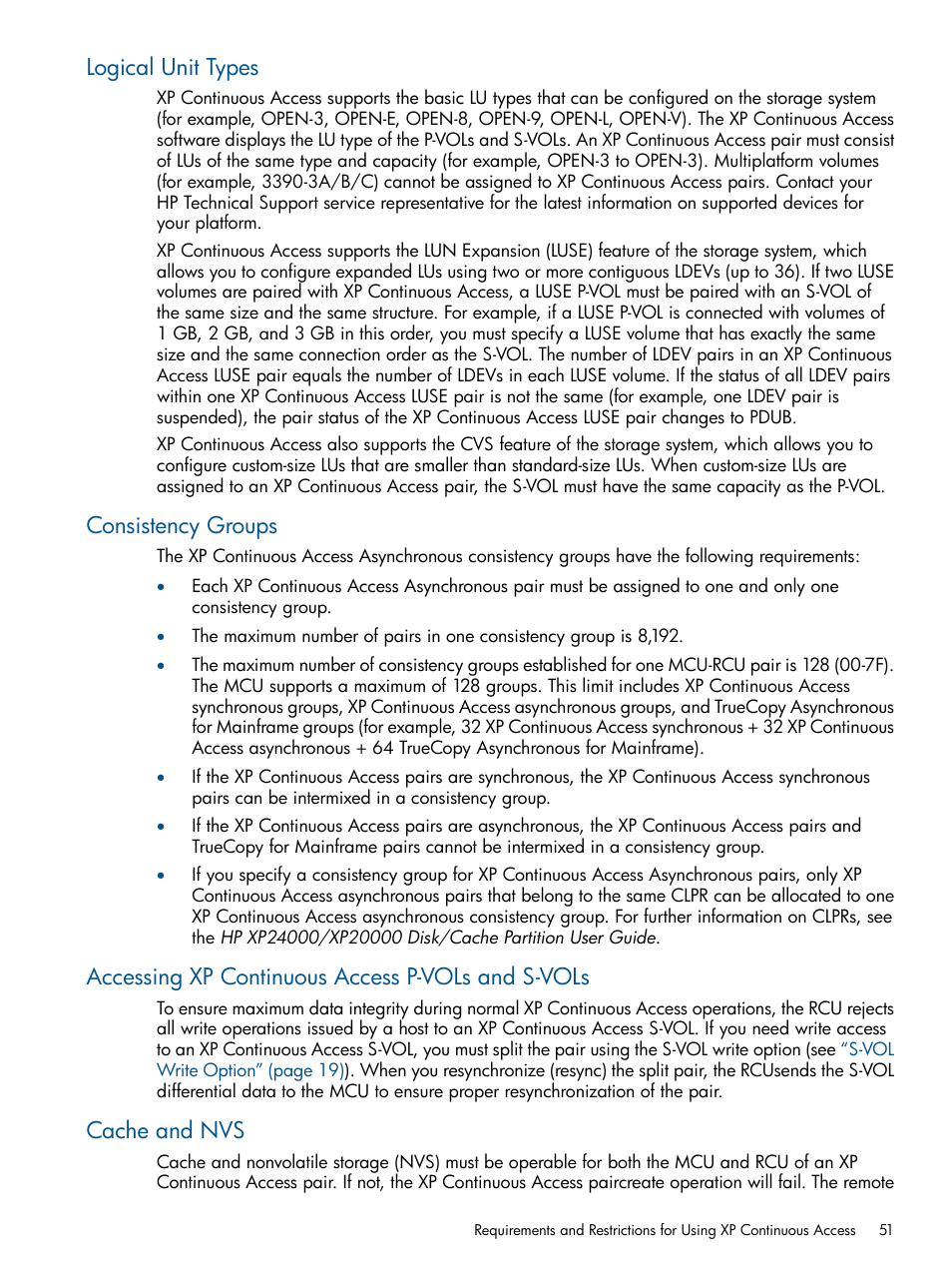 Logical unit types, Consistency groups, Accessing xp continuous access p-vols and s-vols | Cache and nvs | HP StorageWorks XP Remote Web Console Software User Manual | Page 51 / 176