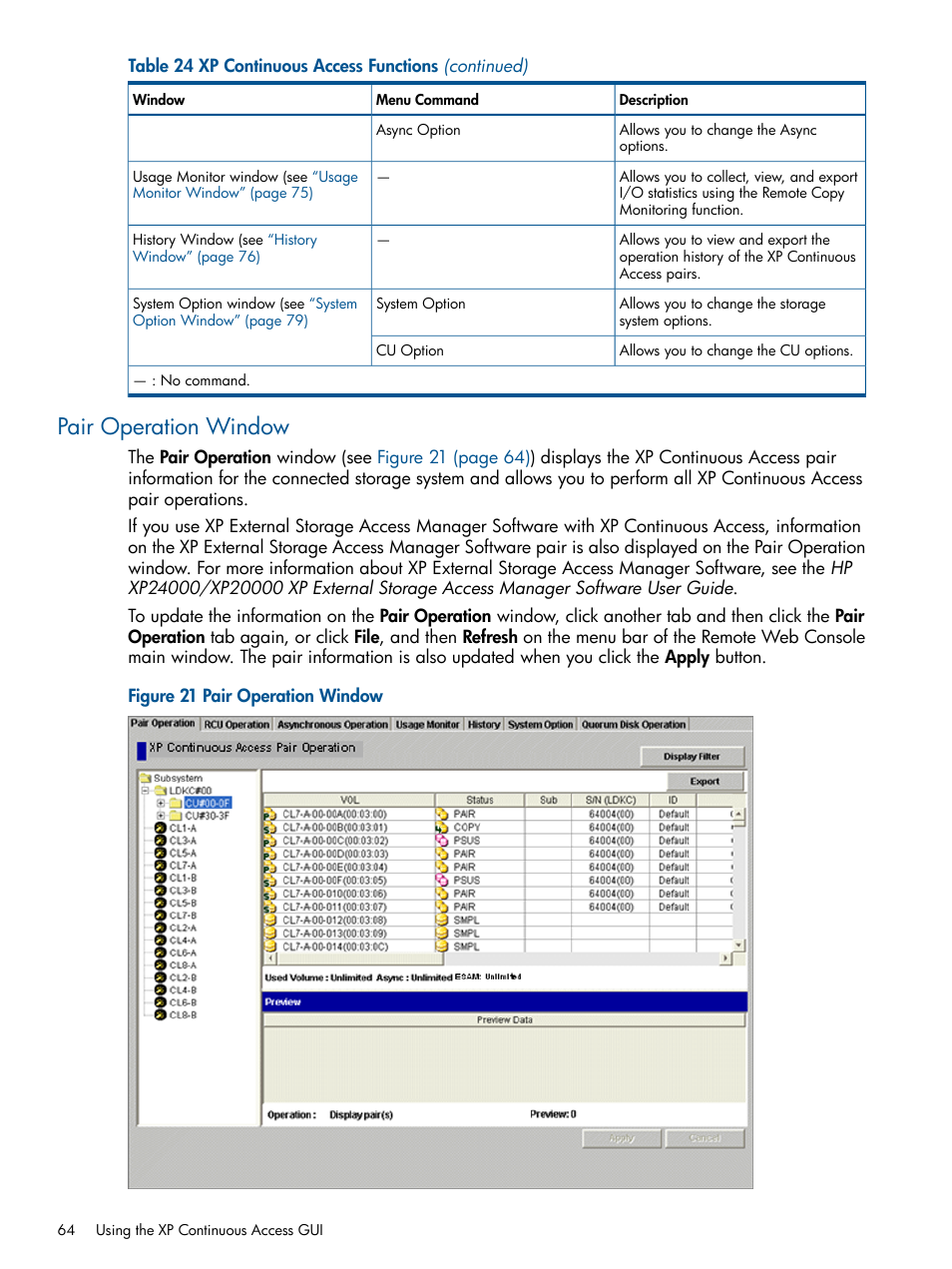 Pair operation window, Pair operation | HP StorageWorks XP Remote Web Console Software User Manual | Page 64 / 176