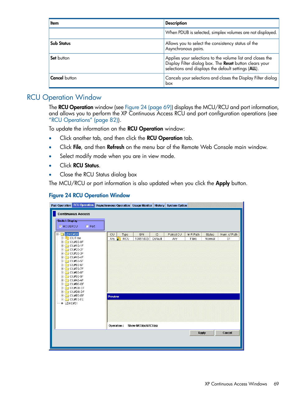 Rcu operation window | HP StorageWorks XP Remote Web Console Software User Manual | Page 69 / 176