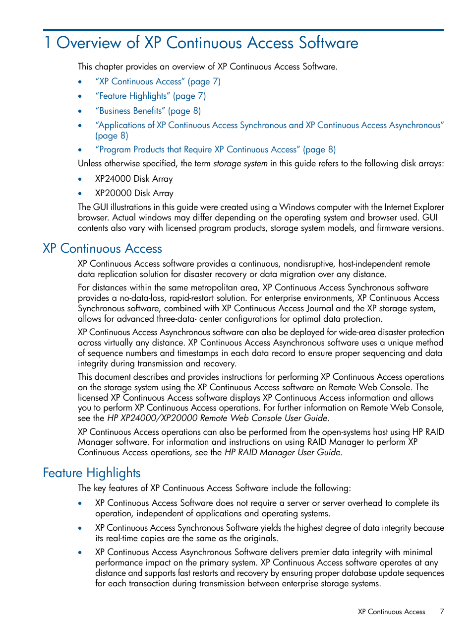 1 overview of xp continuous access software, Xp continuous access, Feature highlights | Xp continuous access feature highlights | HP StorageWorks XP Remote Web Console Software User Manual | Page 7 / 176