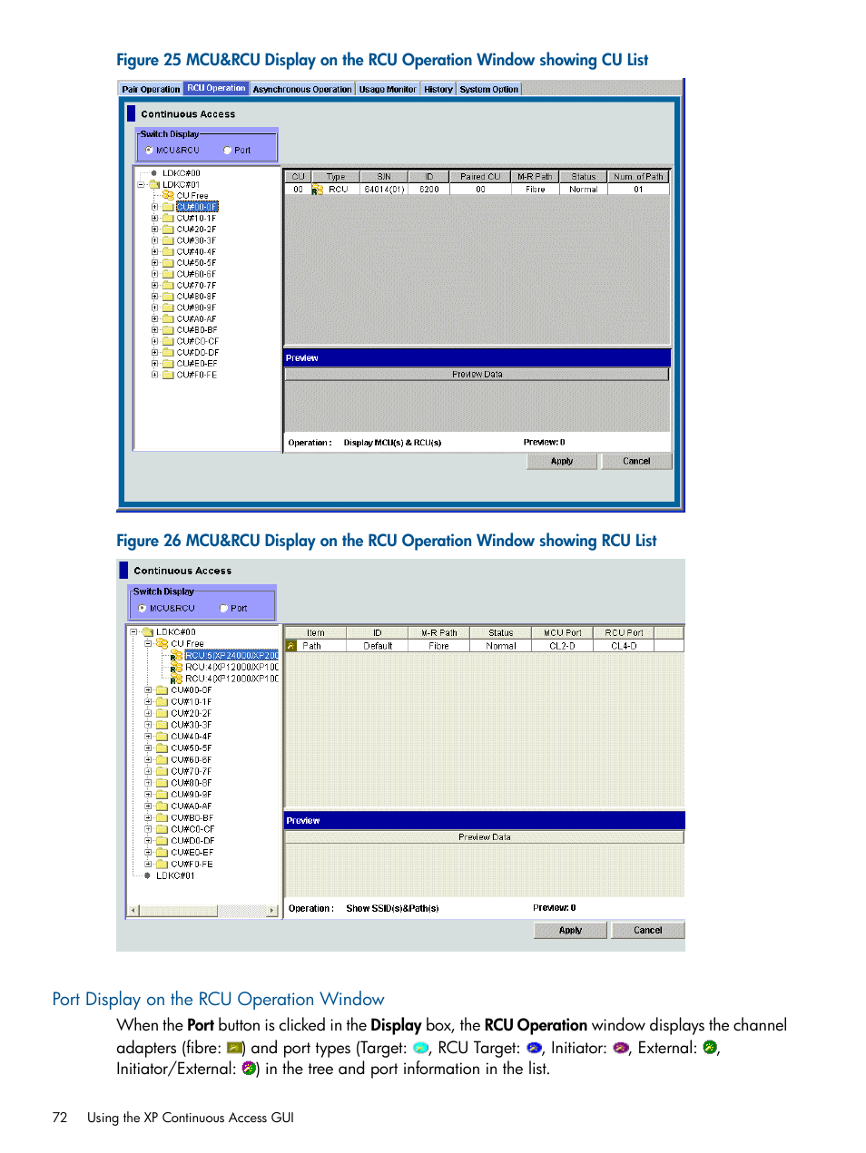 Port display on the rcu operation window, Mcu&rcu display, Mcu&rcu | HP StorageWorks XP Remote Web Console Software User Manual | Page 72 / 176