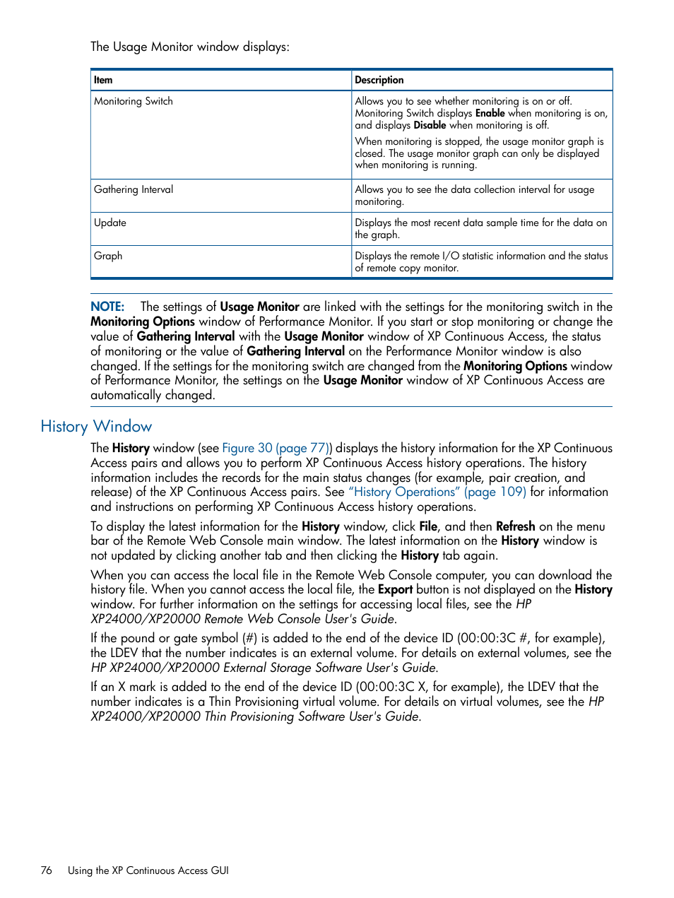 History window, History | HP StorageWorks XP Remote Web Console Software User Manual | Page 76 / 176