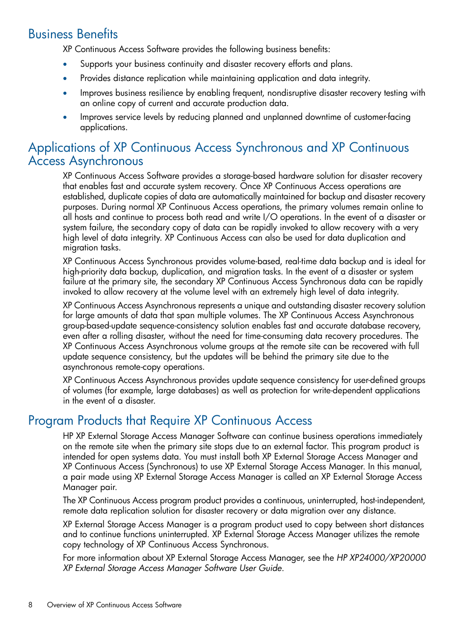 Business benefits, Program products that require xp continuous access | HP StorageWorks XP Remote Web Console Software User Manual | Page 8 / 176