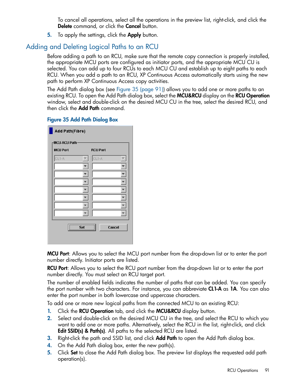 Adding and deleting logical paths to an rcu, Adding and deleting, Adding and deleting logical paths to | HP StorageWorks XP Remote Web Console Software User Manual | Page 91 / 176