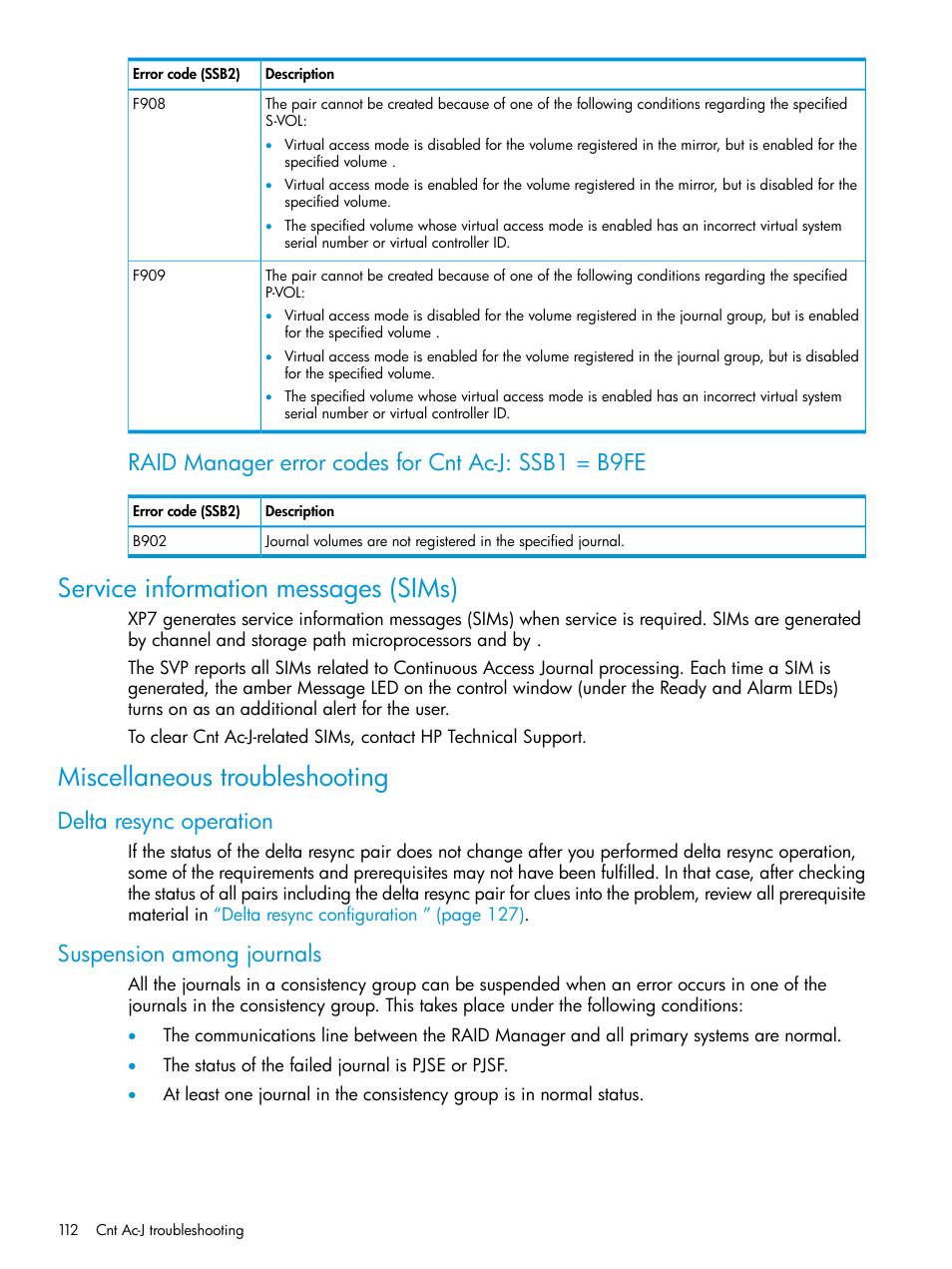 Service information messages (sims), Miscellaneous troubleshooting, Delta resync operation | Suspension among journals, Delta resync operation suspension among journals, Raid manager error codes for cnt ac-j: ssb1 = b9fe | HP XP7 Storage User Manual | Page 112 / 186