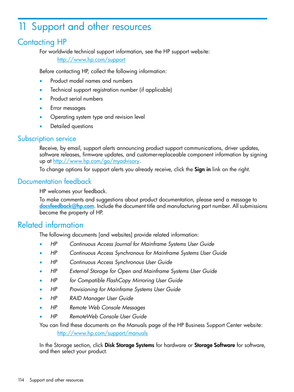 11 support and other resources, Contacting hp, Subscription service | Documentation feedback, Related information, Subscription service documentation feedback | HP XP7 Storage User Manual | Page 114 / 186