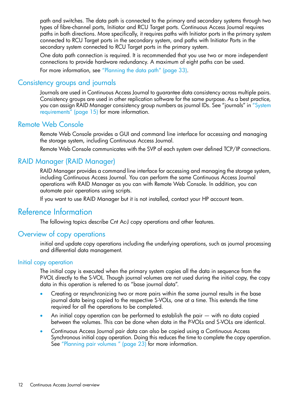 Consistency groups and journals, Remote web console, Raid manager (raid manager) | Reference information, Overview of copy operations, Initial copy operation | HP XP7 Storage User Manual | Page 12 / 186