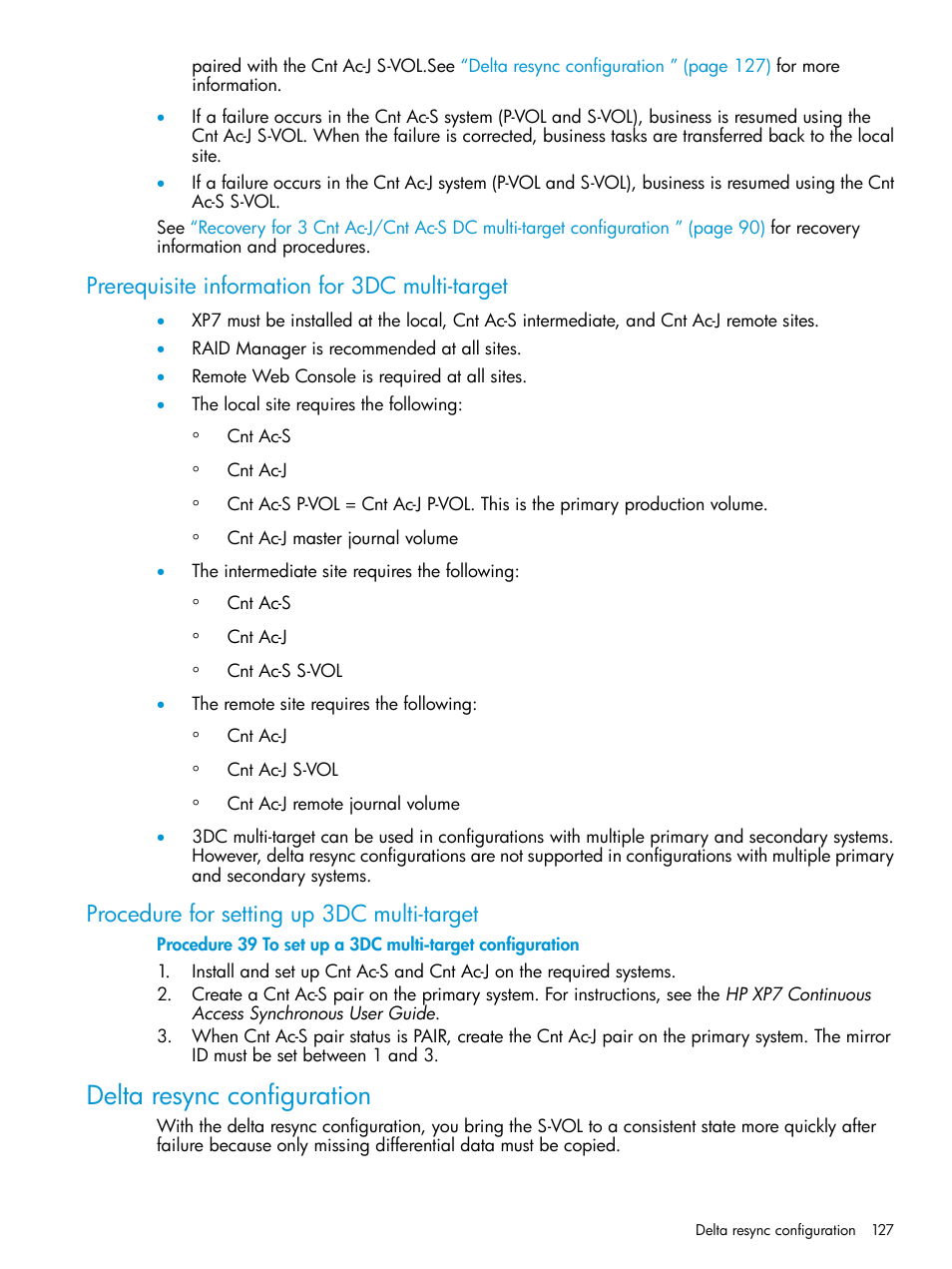 Prerequisite information for 3dc multi-target, Procedure for setting up 3dc multi-target, Delta resync configuration | Delta, Delta resync | HP XP7 Storage User Manual | Page 127 / 186