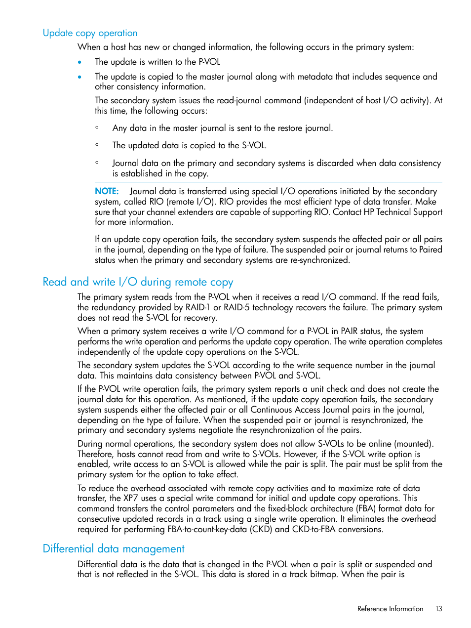Update copy operation, Read and write i/o during remote copy, Differential data management | HP XP7 Storage User Manual | Page 13 / 186