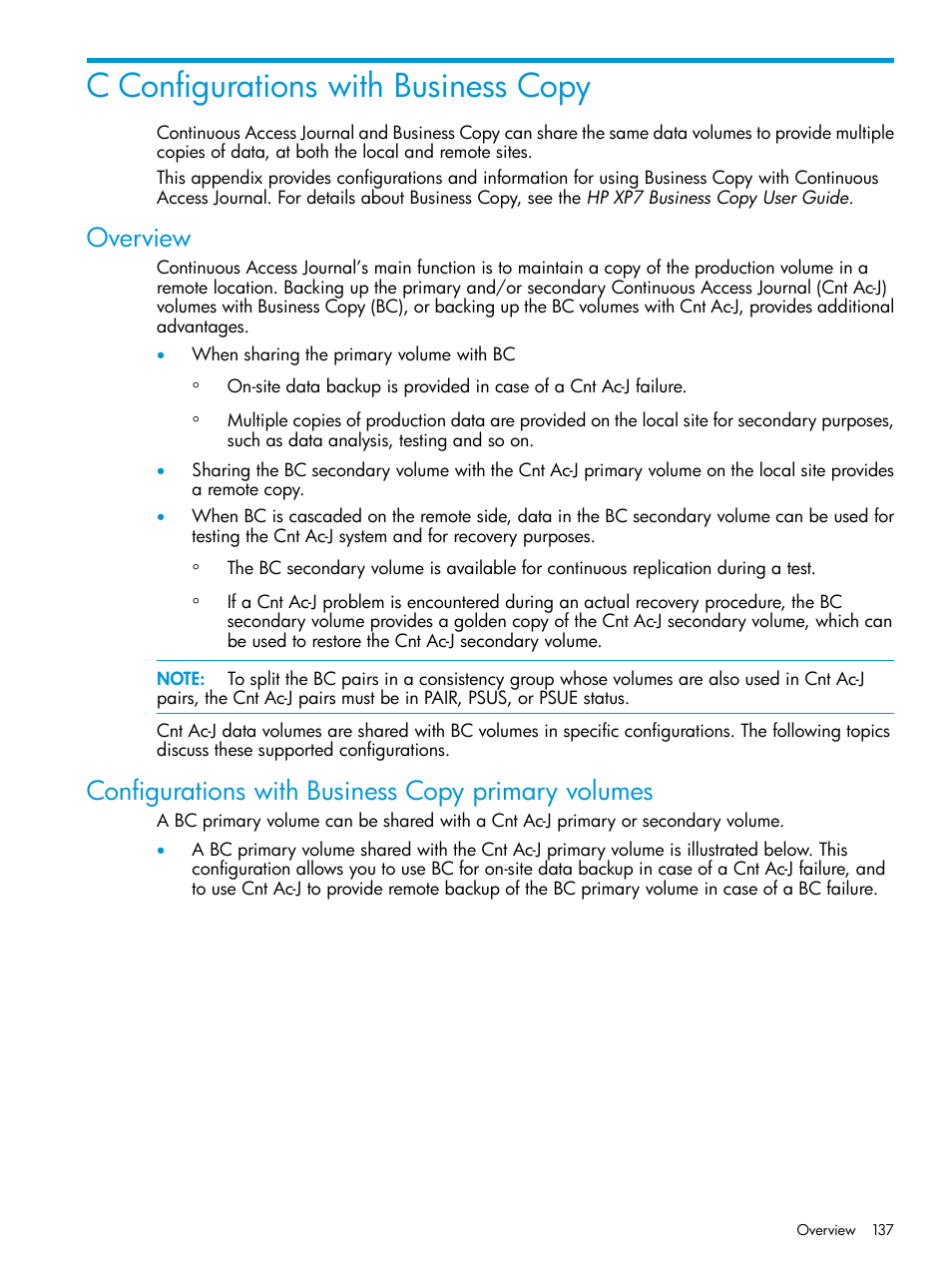 C configurations with business copy, Overview, Configurations with business copy primary volumes | HP XP7 Storage User Manual | Page 137 / 186