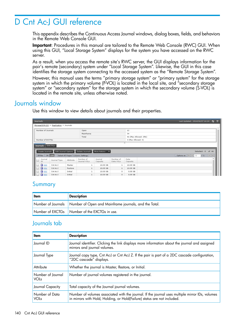 D cnt ac-j gui reference, Journals window, Summary | Journals tab | HP XP7 Storage User Manual | Page 140 / 186