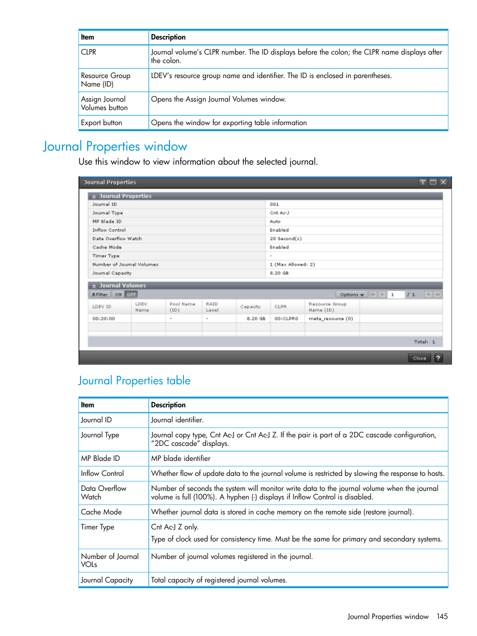 Journal properties window, Journal properties table | HP XP7 Storage User Manual | Page 145 / 186