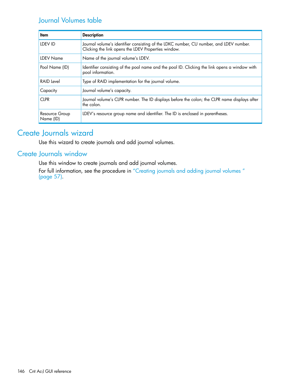 Create journals wizard, Create journals window, Journal volumes table | HP XP7 Storage User Manual | Page 146 / 186