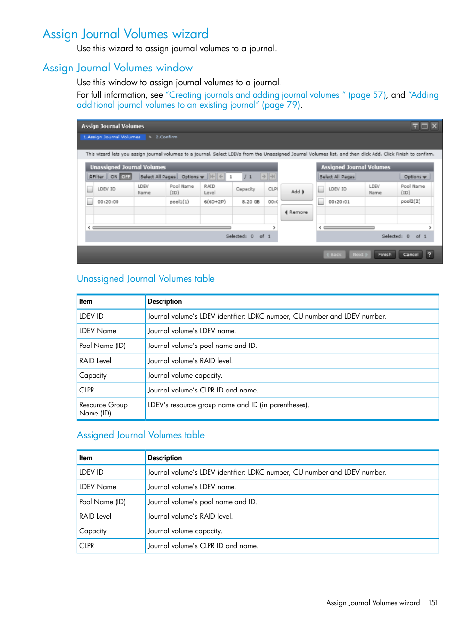 Assign journal volumes wizard, Assign journal volumes window, Unassigned journal volumes table | Assigned journal volumes table | HP XP7 Storage User Manual | Page 151 / 186